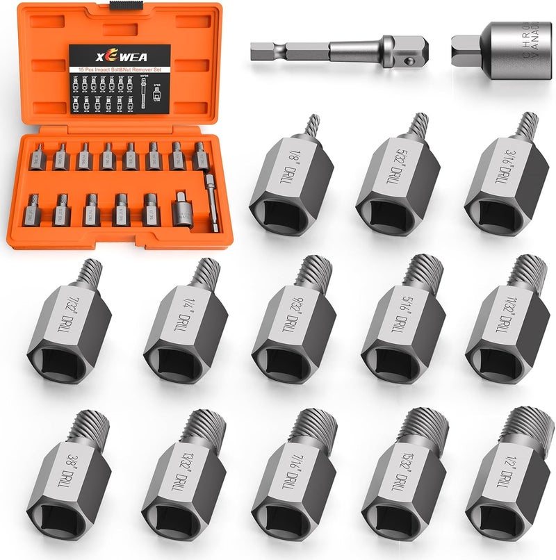 XEWEA Upgrade 15 Piece Screw Extractor Set, 3/8" Inch Impact Easy Out Stripped Screw Bolt Remover Kit Tool, Multi-Spline, for Removing Broken Screws, Bolts, Studs - Image 1